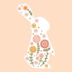 Illustration easter rabbit character in warm pastel colors. Cute spring silhouette bunny with flower. Vector