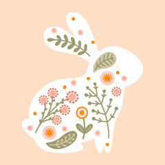 Illustration easter bunny character in warm pastel colors for kids. Cute spring bunny with flowers and plants for textiles, fabric and wallpaper. Vector