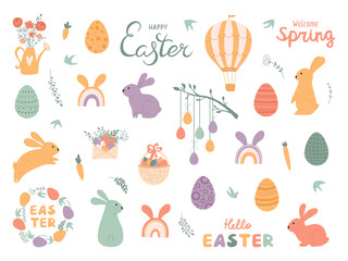 Set cute Easter eggs, rabbits and lettering in pastel colors. Illustration with text Happy Easter and Welcome spring. Collection with air balloon, envelope and basket with eggs. Vector - 482130477