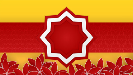 Elegant mandala red yellow Islamic design background. Universal ramadan kareem banner background with lantern, moon, islamic pattern, mosque and abstract luxury islamic elements