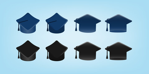 3D cartoon style of graduation hat in blue and black color in different angle with shadow highlight effect