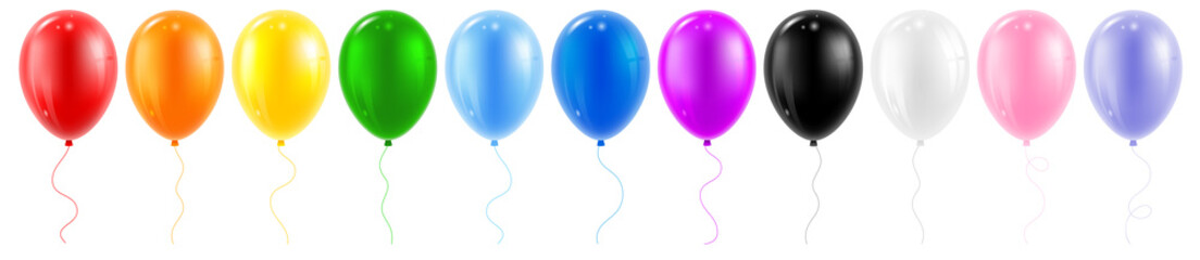 Glossy, realistic coloured balloons set. All rainbow colours, black, white and some other. Vector illustration.