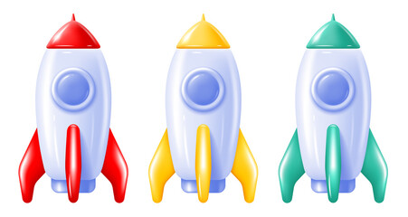 Set of multicolored space rockets. 3d illustration in minimalist style. Bright glossy icon isolated on white. Concept of successful business project start up, development process. Vector illustration