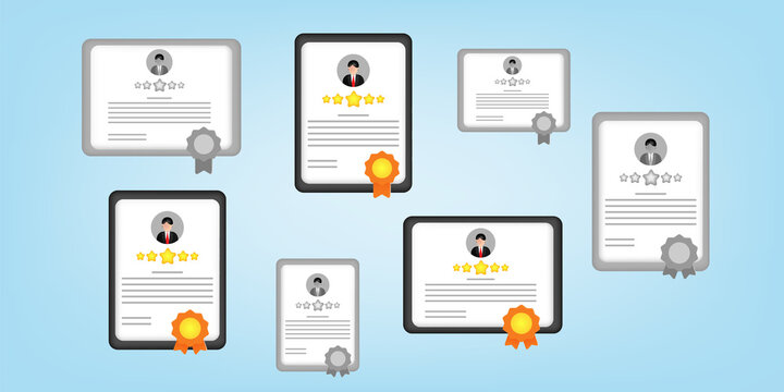 3D cartoon style of certificate achievement letter award on frame with ribbon and star rank.