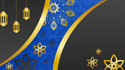 Elegant mandala blue gold Islamic design background. Universal ramadan kareem banner background with lantern, moon, islamic pattern, mosque and abstract luxury islamic elements
