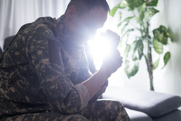 Portrait of middle aged sad, desperate military man. Disabled soldier suffering from depression...