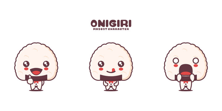 vector onigiri mascot cartoon, japanese traditional food illustration, with different expressions
