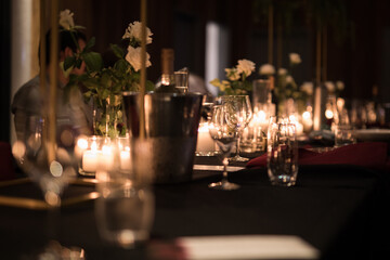 candles table setting night glass wine wedding long celebration happy flowers roses gathering