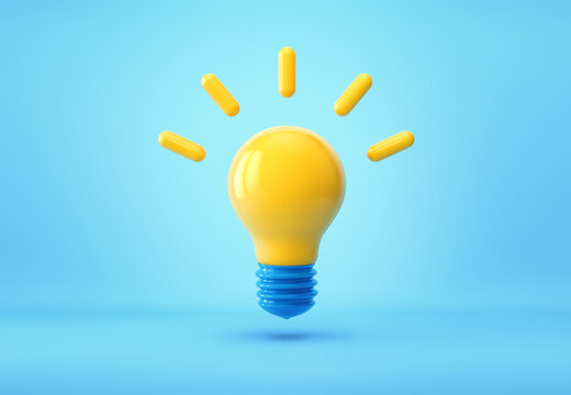 Yellow Light Bulb On Blue Background. Idea, Thinking Concept