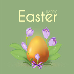 Easter poster template with crocus flowers and egg. Holiday design.