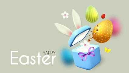 Easter poster template with flowers, eggs, gift box and bunny. Holiday design.