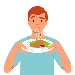 The disappearance of the sense of smell is the consequences of a coronavirus infection. A man does not smell food. Vector illustration isolated on white background