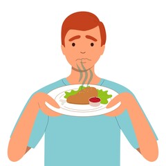 Parosmia - a distorted perception of smells. A man sniffs a plate of food. vector flat illustration isolated on white background
