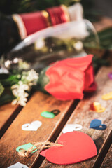 Valentines day background with champagne glasses and red roses