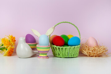 Easter eggs and spring blooming flowers