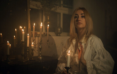 Magical scene, woman in mystical atmosphere, Victorian era...vampire or witch style, masquerade...