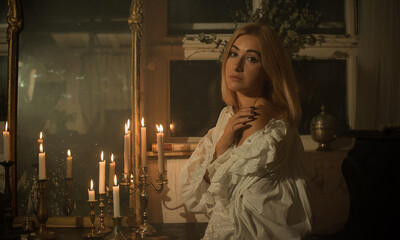Magical scene, woman in mystical atmosphere, Victorian era...vampire or witch style, masquerade...