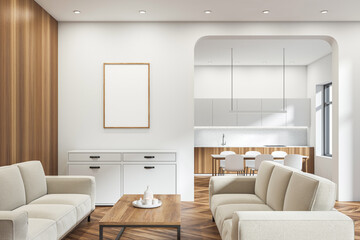 Bright studio interior with empty white poster, sideboard, two sofas