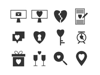 Set of solids icons. Love and valentine concept. Such as couple, online dating, celebration, champagne, key, lock heart, love letter. Pixel perfect 64x64 For web and mobile.