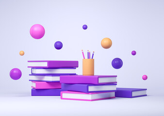 Stack of books, hovering balls and pencil cup on purple background, 3d rendering. Concept of...