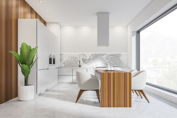 Bright kitchen room interior with panoramic window with town view