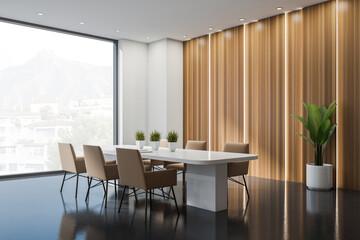 Corner view on bright office room interior with panoramic window