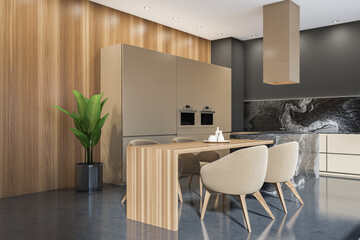 Corner view on dark kitchen room interior with double oven