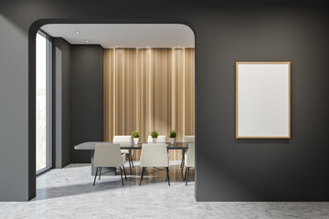 Dark office room interior with empty white poster, panoramic window