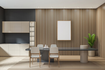 Wooden kitchen set interior with dining table and seats. Mockup poster