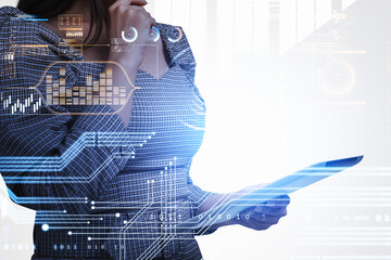 Woman hands with digital device, virtual hud with icons and data