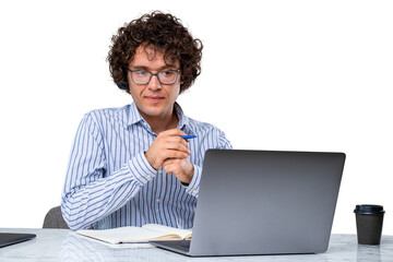 Man working with laptop with pen in hand, isolated over white ba