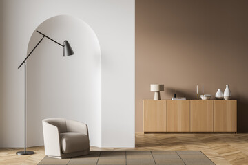 Copy space mockup wall in villa living room design interior, beige furniture on bright wall, hardwood flooring, armchair with lamp. Concept of relax. 3d rendering