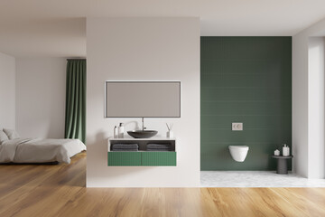Fototapeta na wymiar Modern hotel room interior with king size bed, sink and mirror, toilet. Green tile on walls, hardwood flooring. 3d rendering.