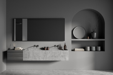 Modern bathroom interior with ceramic bathtub, double sink, mirror. Gray walls, concrete flooring. 3d rendering.