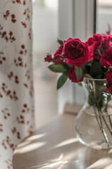 A bouquet of garden roses in a vase with water on a window sill against the background of a window and  a curtain in a small flower.