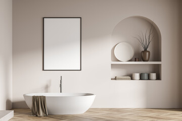 Modern bathroom interior with ceramic bathtub. White walls, hardwood flooring. Blank framed poster on wall. Mockup. 3d rendering. - obrazy, fototapety, plakaty