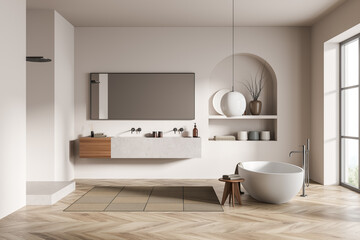 Fototapeta na wymiar Modern bathroom interior with ceramic bathtub, double sink, mirror, shower. White walls, hardwood flooring. Panoramic window. 3d rendering.