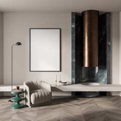 Copy space mockup wall poster in villa living room design interior, beige furniture, white walls, hardwood flooring, armchair, fireplace. Concept of relax. 3d rendering