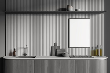Modern dining room front view interior. Stylish grey kitchen. Cooking area with kitchenware. Mockup blank framed poster on wooden wall. 3d rendering.