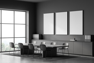 Grey conference room interior and shelf with files, drawer and mockup posters