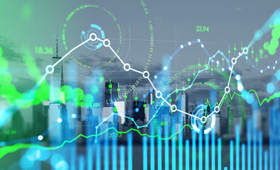 Singapore skyscraper downtown panoramic view. Financial chart with forex candlesticks