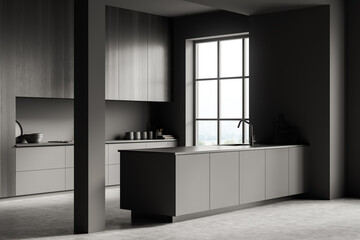 Fototapeta na wymiar Grey kitchen set interior with table and shelves with kitchenware, window