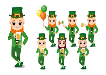 Happy Saint Patrick's Day with leprechaun boy with beer glass, Irish flag and Irish Balloon. Cartoon Character Boy Vector