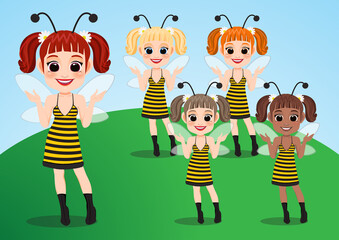 Bee Girl Vector illustration set