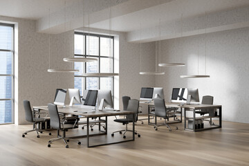 Fototapeta na wymiar Bright office room interior with workplaces and panoramic windows