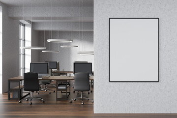 Mockup poster on office wall. Bright room interior with workplaces and panoramic windows