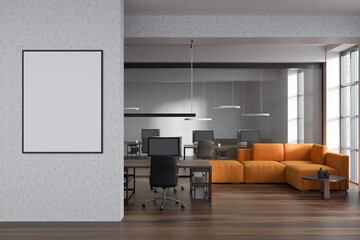 Mockup poster on office wall. Bright room interior with workplaces and panoramic windows
