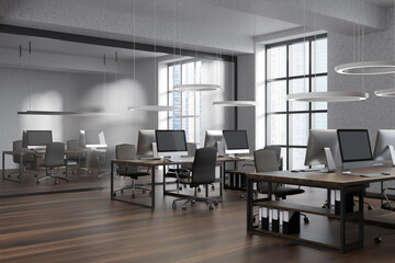 Bright office room interior with workplaces and panoramic windows