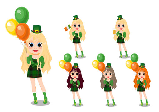 Happy Saint Patrick's Day with Pretty leprechaun girl with beer glass, Irish flag and Irish Balloon. Cartoon Character Girl Vector