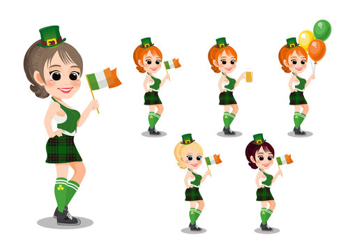 Happy Saint Patrick's Day with Pretty leprechaun girl with beer glass, Irish flag and Irish Balloon. Cartoon Character Girl Vector